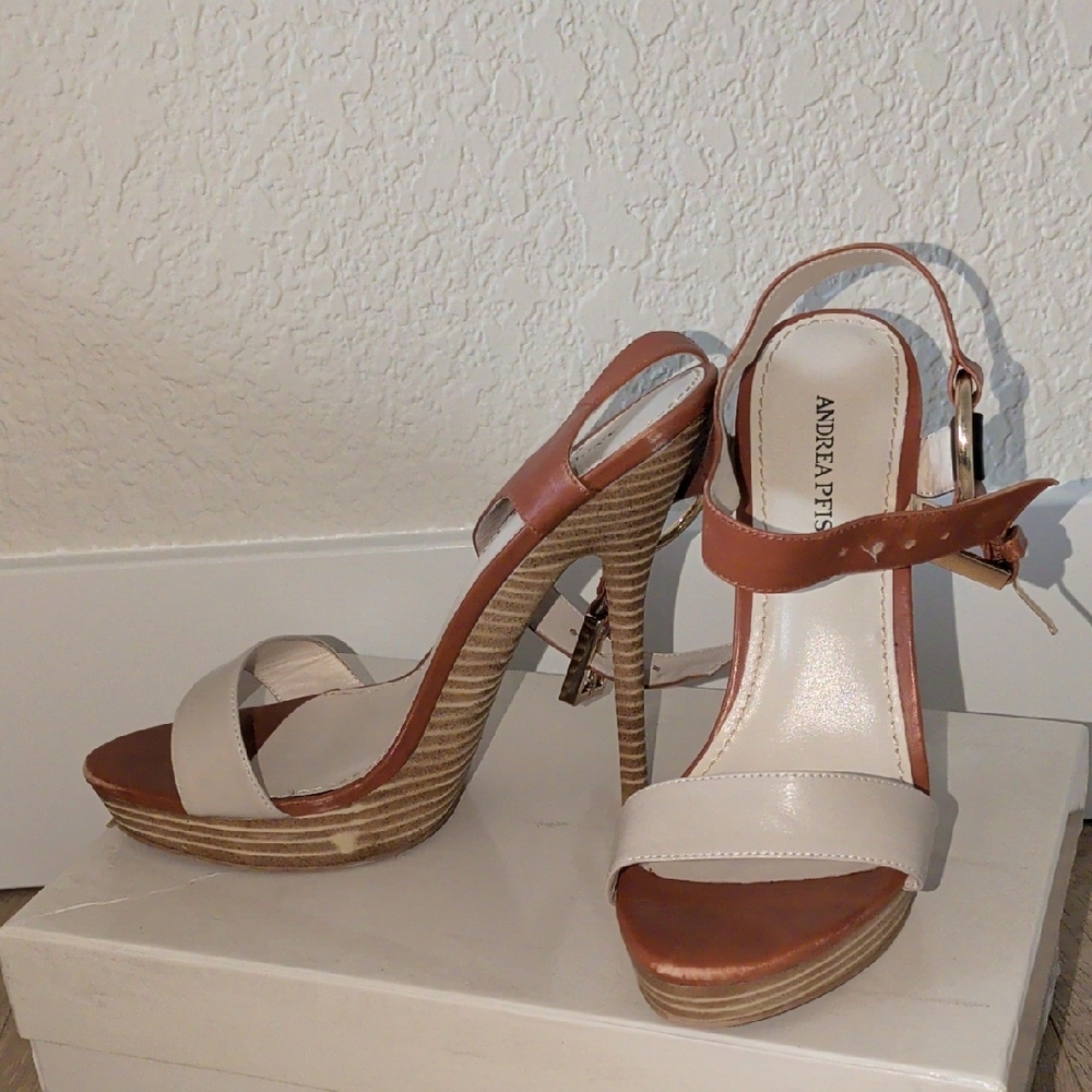 Andrea Pisa Two-Tone Brown and Cream Platform Slingback Heels